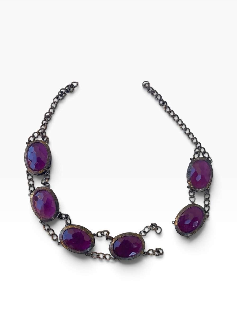 Vintage Oval Faceted Purple Glass Statement Necklace - AS IS / Repair